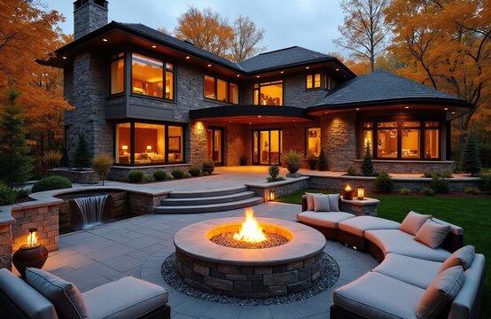 Luxurious stone house exterior with cozy fire pit area. Autumn evening scenery includes fall leaves warm lighting, comfortable seating. Modern residential home design with elegant landscape
