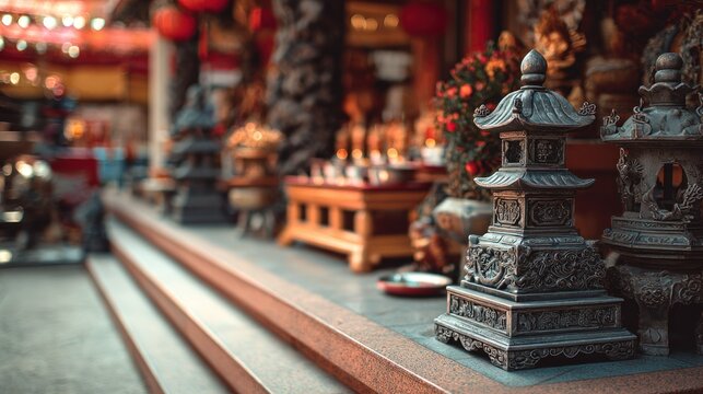 Ornate oriental temple lanterns displayed on a temple step entrance - Powered by Adobe