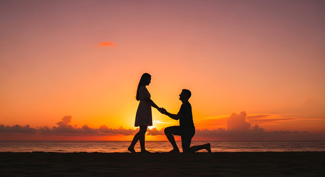 Romantic silhouette of a man proposing to a woman on a beach at sunset
