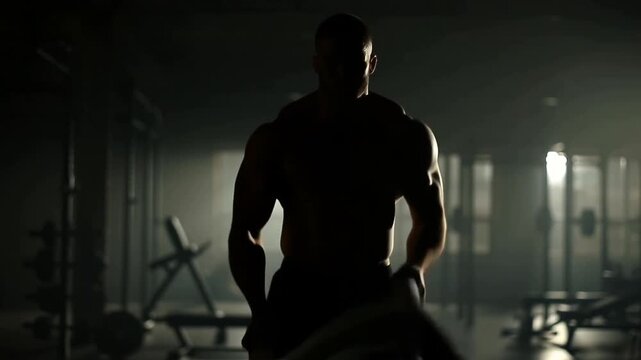 Silhouette of a muscular individual exercising in a dimly lit gym. The person is working out with ropes, suggesting a focus on strength and endurance Stock Video