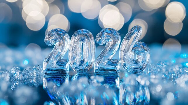 Celebrate 2026 with stunning ice sculptures sparkling against a blue bokeh background