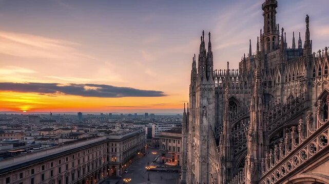 Milan Cathedral Duomo di Milano gothic architecture illuminated by the golden light of a beautiful sunset over the sprawling city of Milan Italy