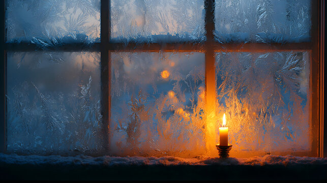 Frosty window with candle silhouette behind, warm diffusion glow and poetic winter calm