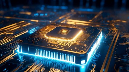 High performance microprocessor glowing with electric blue light on advanced digital circuit board showcasing modern computing and chip technology - Powered by Adobe