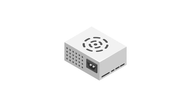 Isometric power supply unit icon animation, perfect for tech, electronics, and hardware designs