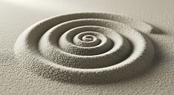 Minimalist zen garden spiral, meditation in sand, textured monochromatic scene - Powered by Adobe