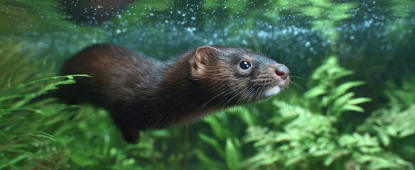 Fototapeta premium The mink glides beneath the clear freshwater stream swimming like a sleek swimmer