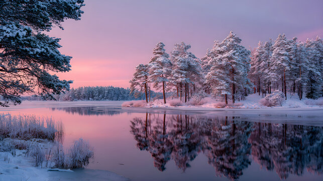 Frozen lake reflecting snowy pines under pink dawn, high dynamic range photography, peaceful winter landscape, serene wallpaper mood