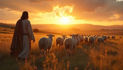 Jesus Christ leads sheep on field. He guides flock during serene sunset. Warm sunlight illuminates scene, evokes faith and hope. Shepherd with animals walks at golden hour.