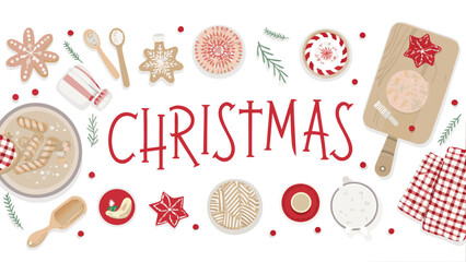 Festive christmas flat lay with holiday treats gingerbread cookies and candy canes arranged around the word christmas