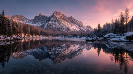 Frozen mountain lake at sunset, pink glow and panoramic clarity, serene wallpaper composition