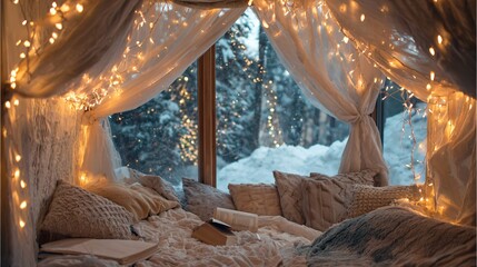 Cozy winter escape with soft pillows, fairy lights, and snowy forest view indoors