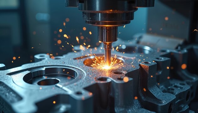 Automated metalwork. 5axis machining center mills V8 engine block precisely. Solid ball end mill tool cuts aluminium. Hi tech production. Milling process with golden sparks. Machine works in modern