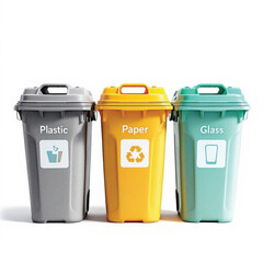 Recycling Bin Vector Set — Color-Coded Plastic, Paper, and Glass Containers with Icons for Eco-Friendly Waste Segregation