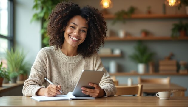 Smiling woman with curly hair writes in notebook, holds tablet. Sits at wooden desk in room with plants, shelves. Woman wears beige sweater, looks happy. Uses pen, digital device for work study.