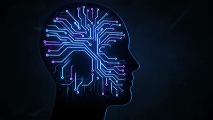 Futuristic AI concept with a glowing circuit board brain inside a human head silhouette, symbolizing data processing and digital consciousness. A human head silhouette contains bright neon circuits. - Powered by Adobe