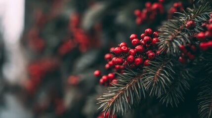 Frosted red berries on a pine branch in a soft, wintery setting.