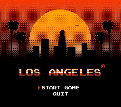 Los Angeles skyline in the retro 8 bit game consoles style. A made up game start screen. Pixel art design