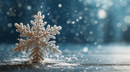 Frosted snowflake on snowy wood with glowing blue bokeh lights.