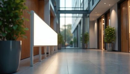 Modern office hallway with white sign, plants, and sleek interior. Empty sign board in contemporary business corridor. Pro workspace with copy space, wooden accents, and glass walls.