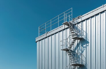 Exterior view industrial warehouse with steel ladder. Blue sky. Metal siding on modern building. Architecture detail of rooftop access. Commercial structure features corrugated facade texture. Urban