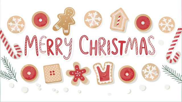 Whimsical merry christmas greeting with festive gingerbread cookies candy canes and pine branches on white background
