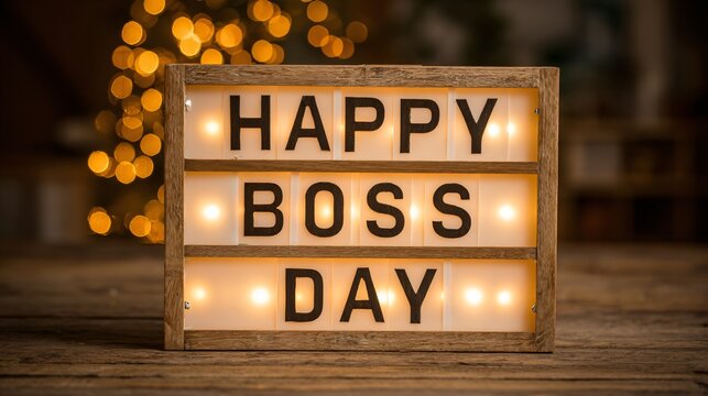 Warm glowing lightbox announces Happy Boss Day celebration with festive bokeh background