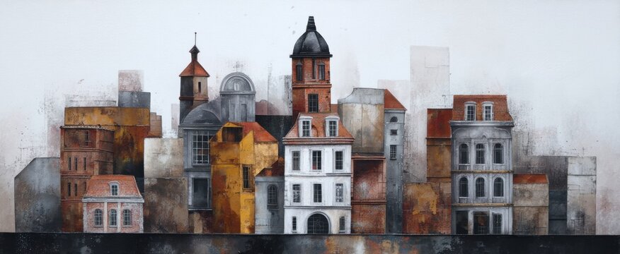 The mixed media cityscape shows stacked buildings and rich surface patterns in artwork.