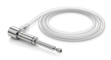 Close up of a metal tool with a clear plastic tube attached on a white surface in a studio shot ai generated