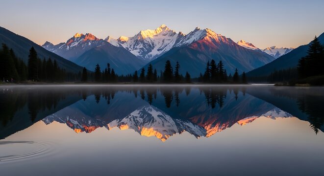 Reflections of alpine peaks on serene lake at daybreak scenery