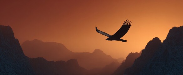 Naklejka premium The vulture glides freely evoking awe against fiery cliffs at sunset