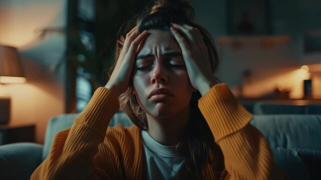 Close-up of a woman looking distressed with her hand on her forehead sitting in an indoor setting.