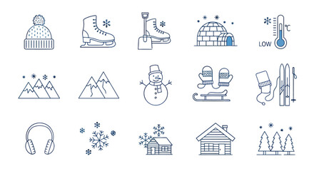 Winter season outline icon set. Collection of simple blue line art symbols for cold weather, sports, and holiday concepts