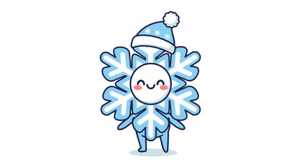 Adorable vector illustration of a happy blue snowflake character wearing a cute winter hat, bringing a touch of cheer and frosty delight to any seasonal design project or wintertime celebration