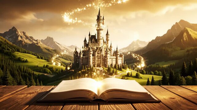 Magical fantasy book with castle backdrop. Enchanted pages reveal magical realm. Whimsical atmosphere inspires dreams and creativity.
