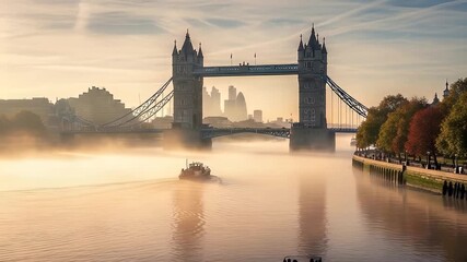 Tower Bridge in London at sunrise with dense fog covering the River Thames and a boat navigating the waters, showcasing the iconic landmark and city skyline. - Powered by Adobe