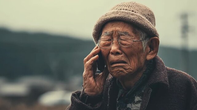 特殊詐欺の電話を受け、不安な表情で話を聞く高齢者男性