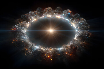 Lens Flare. Light over black background. Easy to add overlay or screen filter over photos. Abstract sun burst with digital lens flare background. Gleams rounded and hexagonal shapes, rainbow halo.