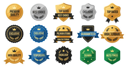 A collection of various premium quality and exclusive badges, labels, and emblems in gold, silver, blue, and black, featuring crowns, shields, and ribbons.