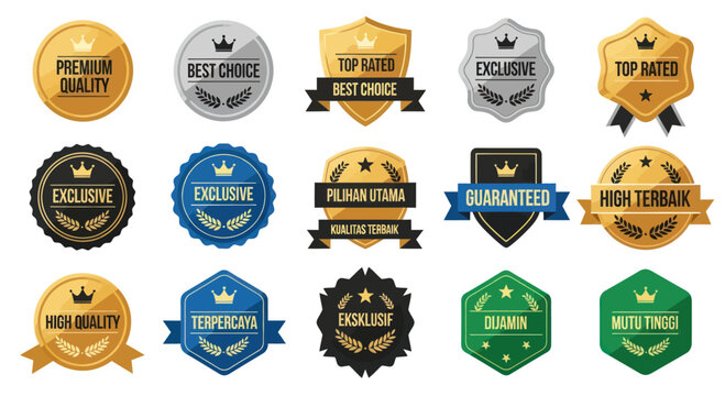 A collection of various premium quality and exclusive badges, labels, and emblems in gold, silver, blue, and black, featuring crowns, shields, and ribbons.