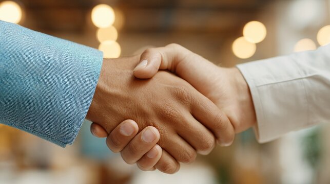 Professional handshake sealing a deal, symbolizing trust and partnership in a modern business setting