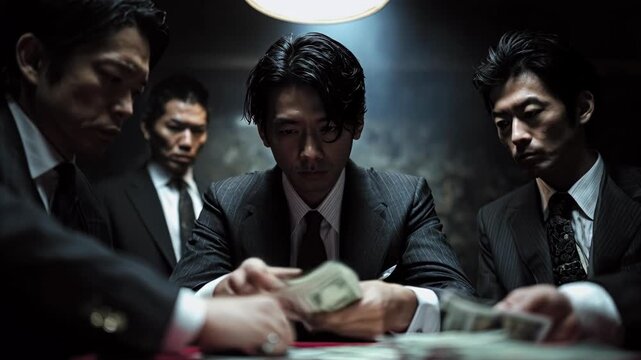 詐欺で得た現金をアジトで数える反社会的勢力（ヤクザ）の男たち