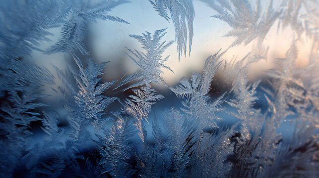 Macro frost fractals on windowpane, precision geometry and poetic cold calm