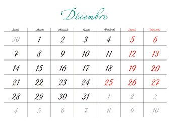Minimalist French 2026 calendar with months and dates, clean typography design, white background