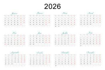 Minimalist French 2026 calendar with months and dates, clean typography design, white background