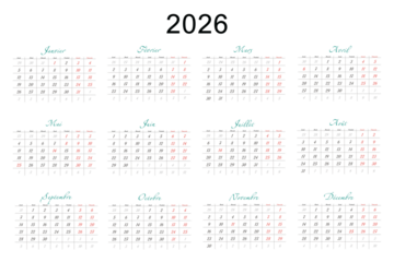 Minimalist French 2026 calendar with months and dates, clean typography design, white background