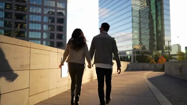 Romantic couple walking hand-in-hand through vibrant city streets at sunset creating a sense of connection and urban adventure
