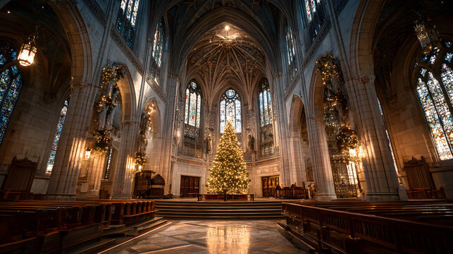 Majestic cathedral with decorated Christmas tree inside, low-key lighting with stained glass glow, sacred festive beauty