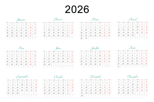 Minimalist French 2026 calendar with months and dates, clean typography design, white background