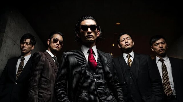 暗い通路をサングラスをかけて歩く反社会的勢力（ヤクザ）の集団